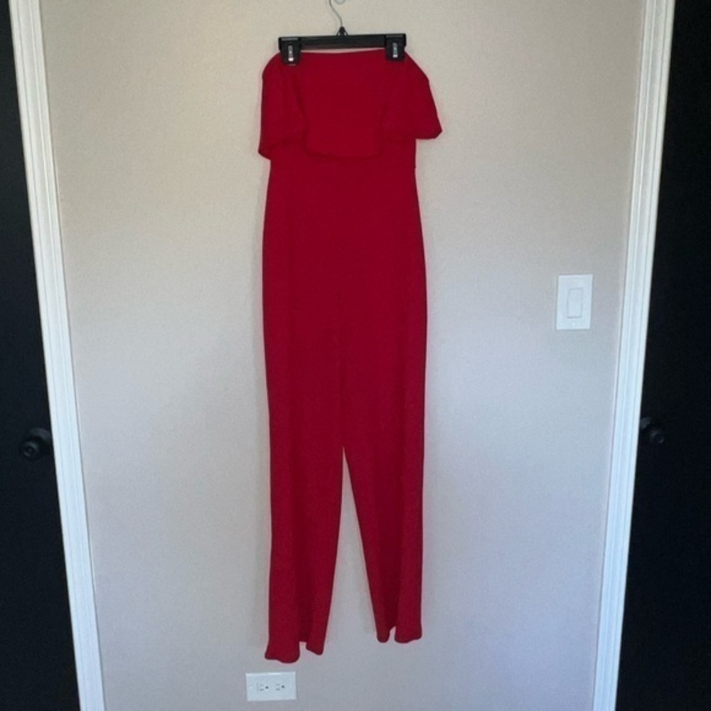 Elegant Red Off-Shoulder Jumpsuit Deep red strapless jumpsuit Crystal Sky XS